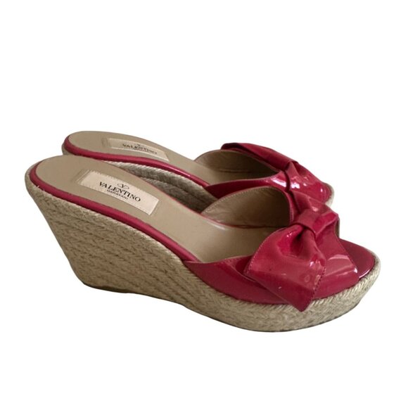 VALENTINO Pink Bow Patent Leather Espadrille Wedges Sandals Size 37.5 - Picture 5 of 10